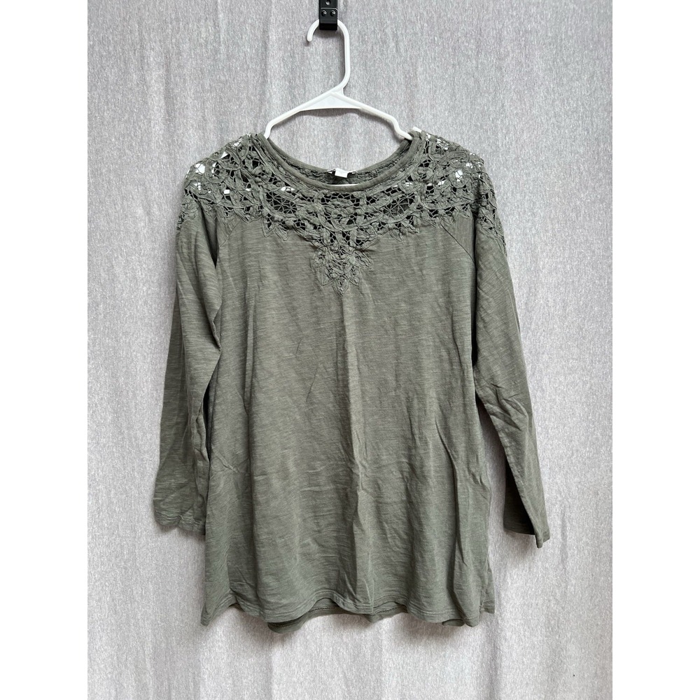 J. Jill Blouse Womens Sz S Green Round Neck Long Sleeve Crochet Tunic Jersey Top